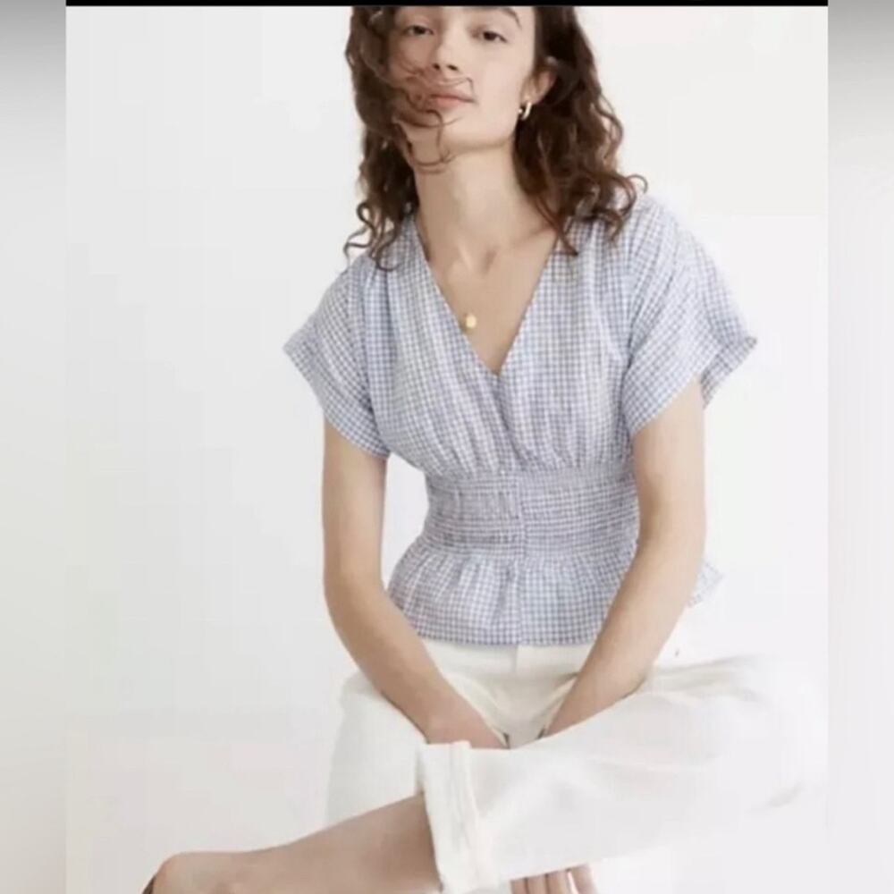 Madewell V-Neck Smocked Waist Gingham Seersucker Cropped Top Size Small